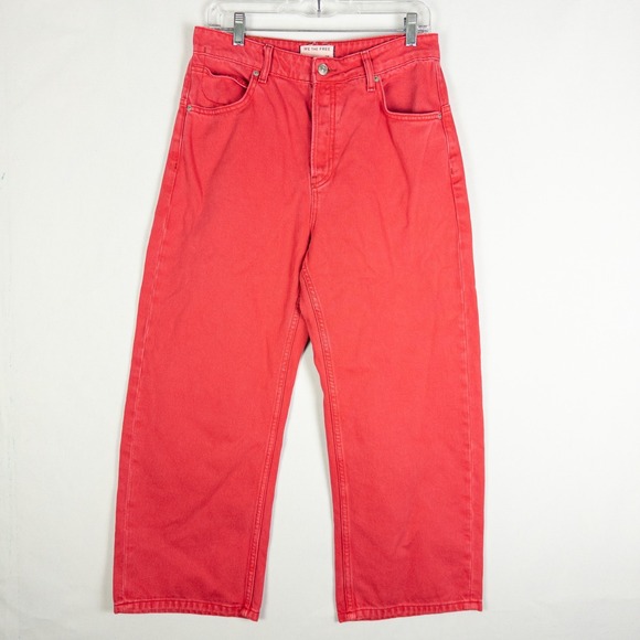 We The Free Denim - We The Free Wide Leg Crop Jeans Womens 28 Red Faded Denim Boho Streetwear